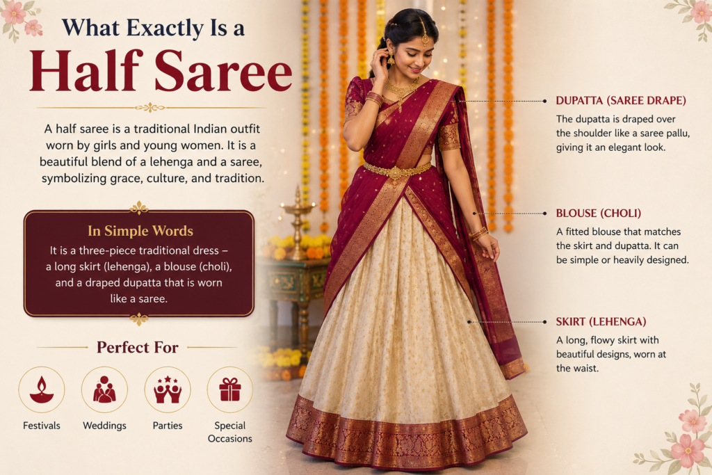 Traditional maroon and ivory half saree outfit