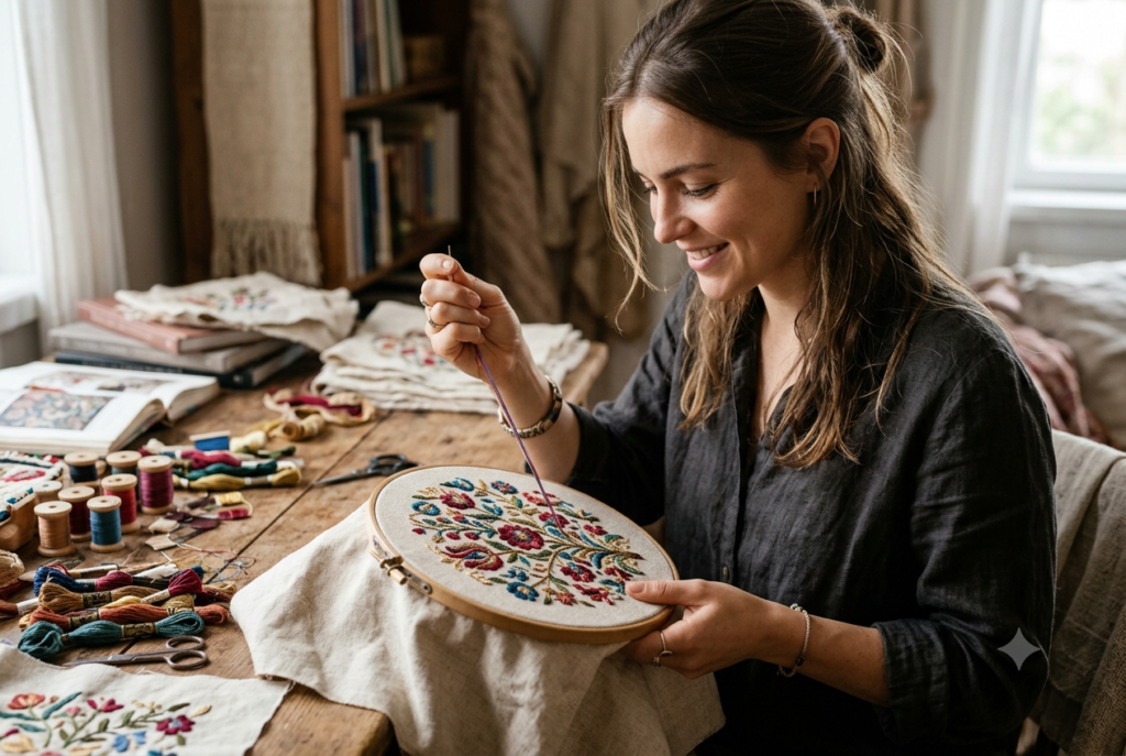Woman hand-stitching intricate embroidery in a wooden hoop