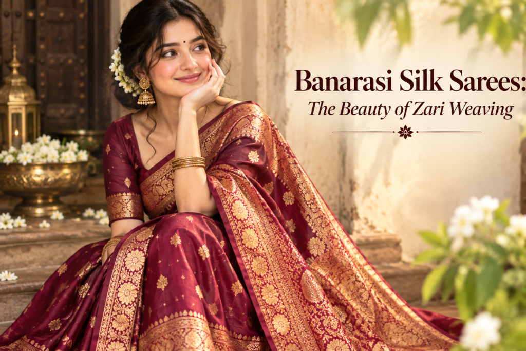 Banarasi silk saree with intricate gold zari weaving