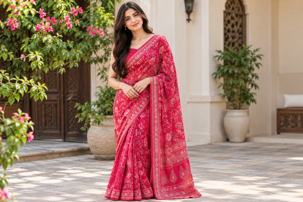 Woman wearing an elegant red printed saree.