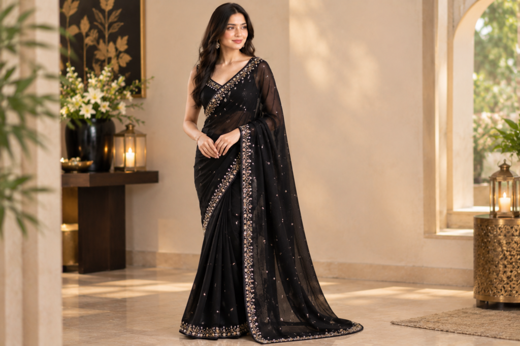 Woman wearing an elegant black embellished saree