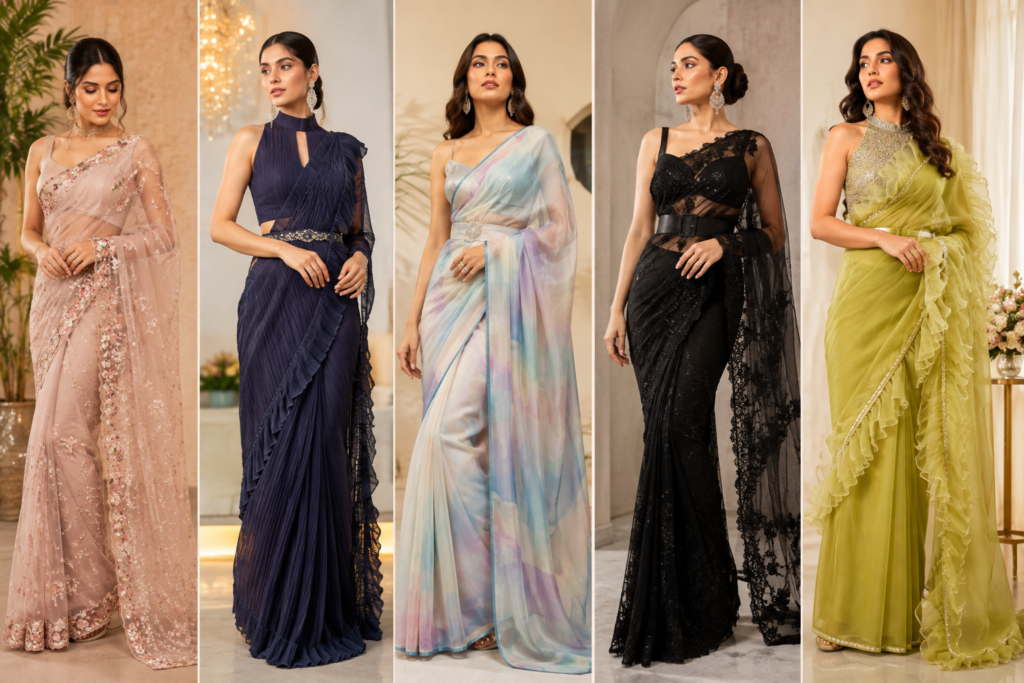 Trendy sarees for every occasion including wedding, party, festive, office, and daily wear.