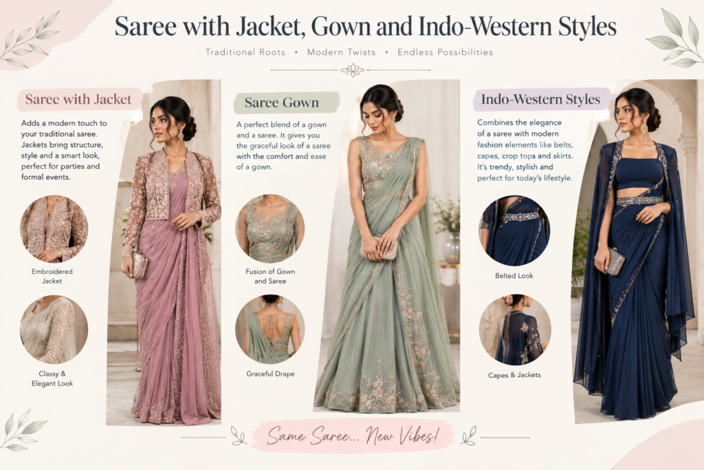 Modern saree styles with jackets, gowns, capes, belts, and Indo-Western fashion.