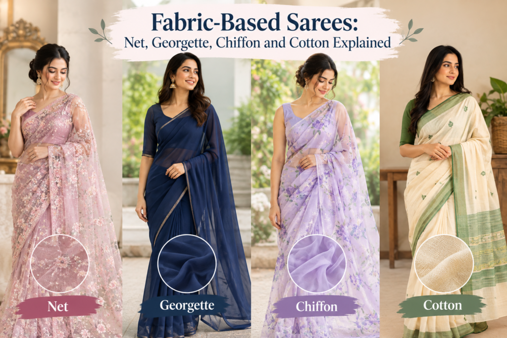 Net, georgette, chiffon, and cotton sarees for women